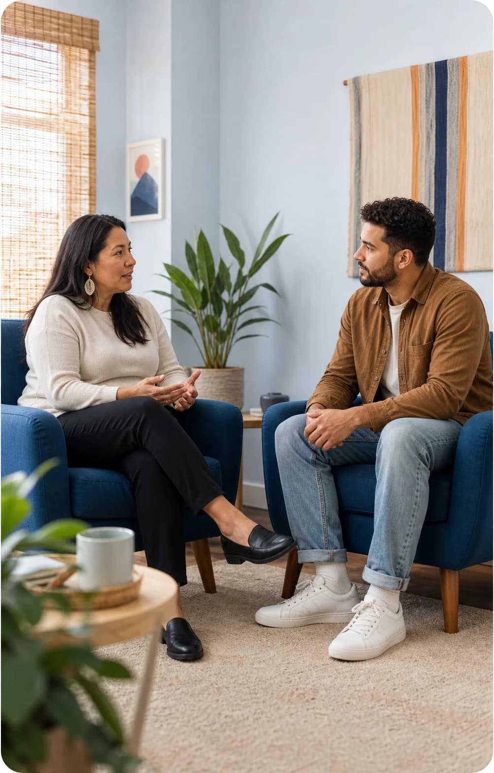 Two adults speaking comfortably in a welcoming therapy room