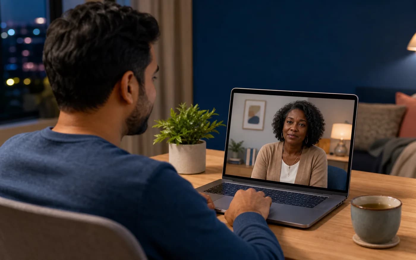 Two fictional adults in a friendly video consultation